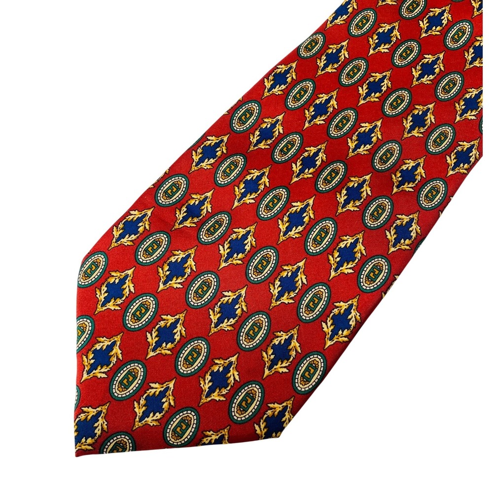 Fendi Mens Silk Tie Red Gold Blue Geometric‎ FF Logo Medallion Made in Italy